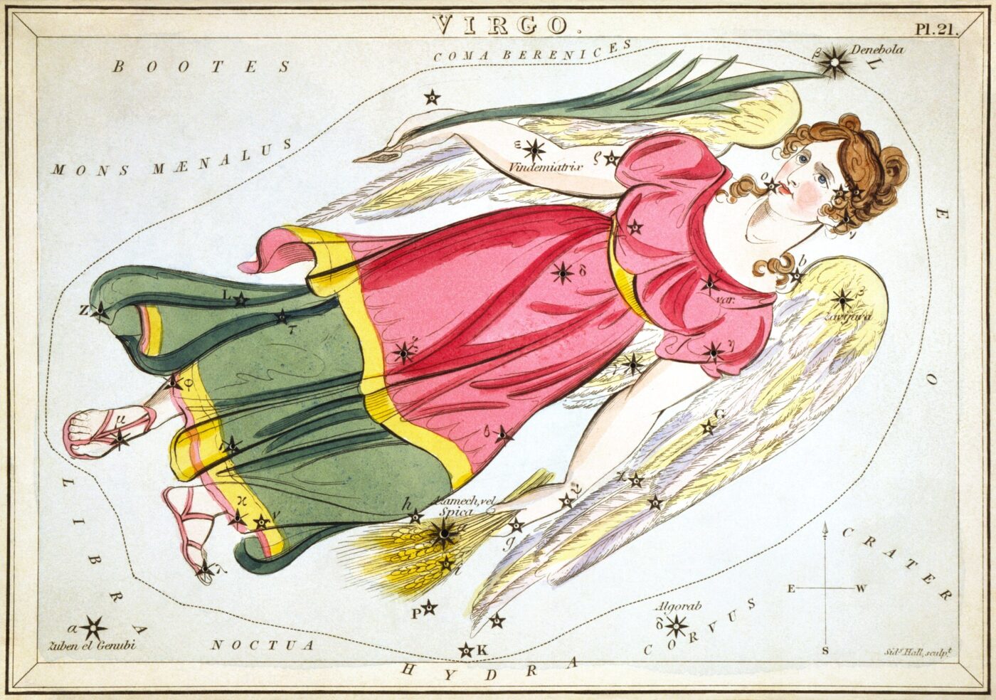 Kolorowana rycina gwiazdozbioru Panny z zestawu kart astronomicznych Urania's Mirror z 1824 roku