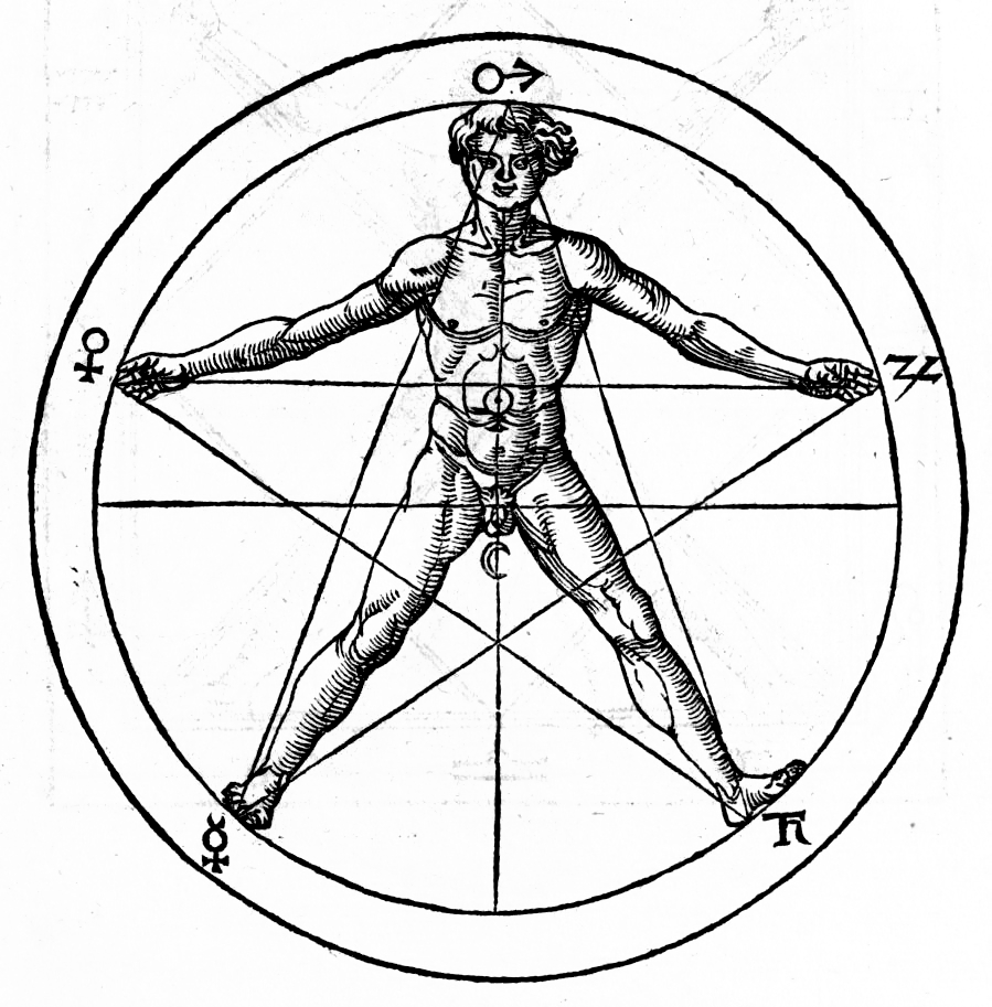 Renesansowy drzeworyt przedstawiający nagą postać wpisaną w pentagram, z głową i kończynami w pięciu wierzchołkach gwiazdy