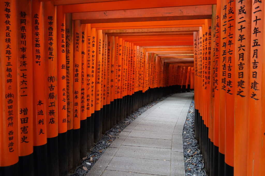 Senbon torii w Fushimi Inari Tunel z gęsto ustawionych czerwonych bram torii z czarnymi napisami na słupach