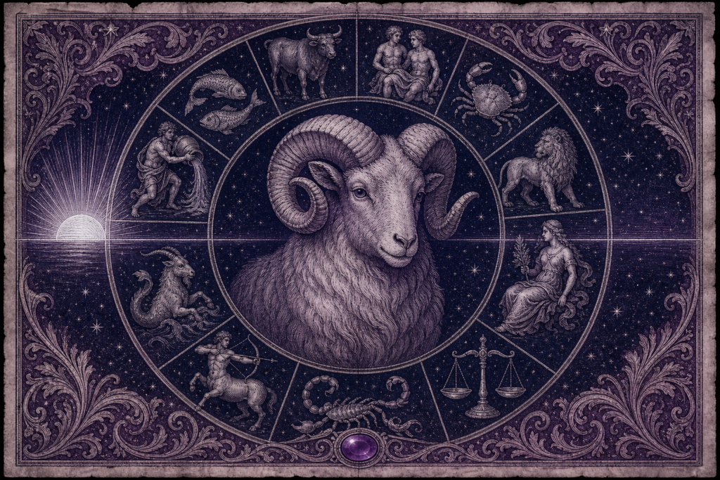 Rycina w fiolecie i granacie: baran w centrum, wokół koło z pozostałymi znakami zodiaku i wschodzące słońce na linii horyzontu