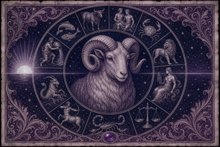 Rycina w fiolecie i granacie: baran w centrum, wokół koło z pozostałymi znakami zodiaku i wschodzące słońce na linii horyzontu