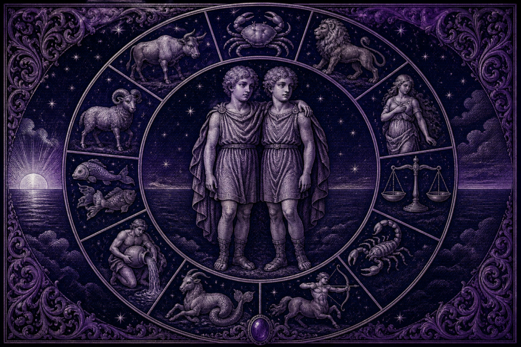 Rycina w fiolecie i granacie: bliźnięta w centrum, wokół koło z pozostałymi znakami zodiaku i wschodzące słońce na linii horyzontu