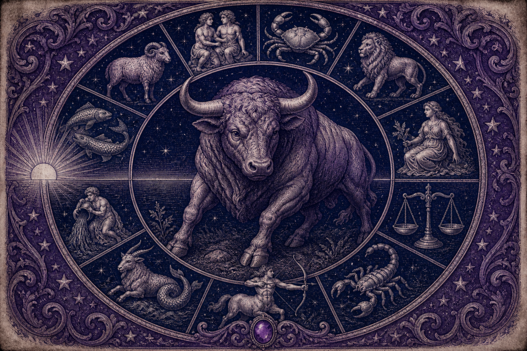 Rycina w fiolecie i granacie: byk w centrum, wokół koło z pozostałymi znakami zodiaku i wschodzące słońce na linii horyzontu