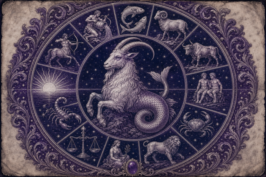 Rycina w fiolecie i granacie: koziorożec w centrum, wokół koło z pozostałymi znakami zodiaku i wschodzące słońce na linii horyzontu