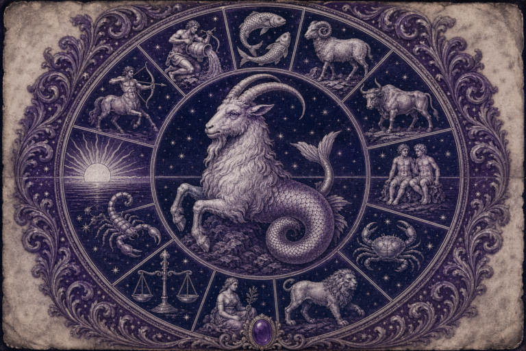 Rycina w fiolecie i granacie: koziorożec w centrum, wokół koło z pozostałymi znakami zodiaku i wschodzące słońce na linii horyzontu