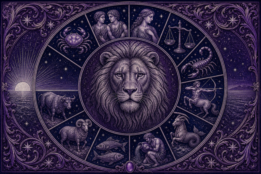 Rycina w fiolecie i granacie: lew w centrum, wokół koło z pozostałymi znakami zodiaku i wschodzące słońce na linii horyzontu