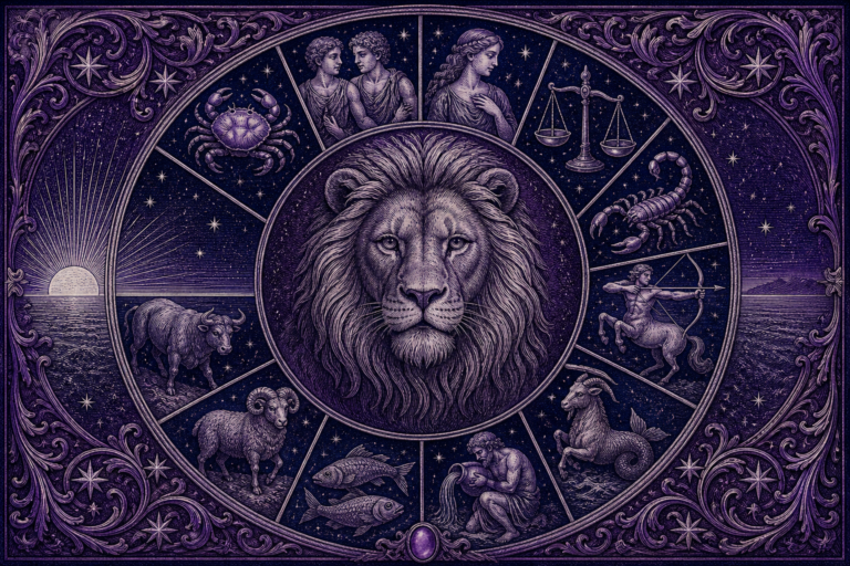 Rycina w fiolecie i granacie: lew w centrum, wokół koło z pozostałymi znakami zodiaku i wschodzące słońce na linii horyzontu