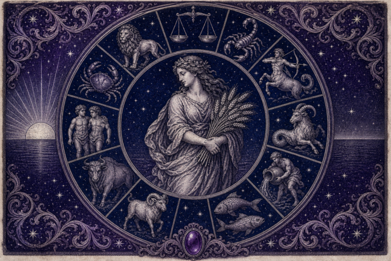 Rycina w fiolecie i granacie: panna w centrum, wokół koło z pozostałymi znakami zodiaku i wschodzące słońce na linii horyzontu