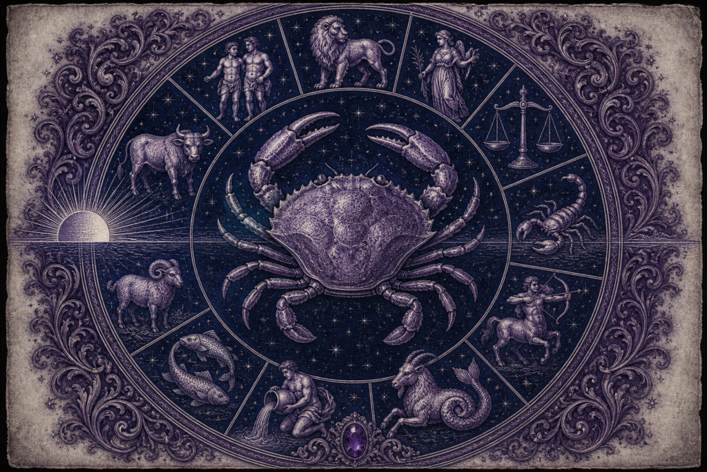 Rycina w fiolecie i granacie: duży krab w centrum, wokół niego koło z pozostałymi znakami zodiaku i wschodzące słońce na linii horyzontu
