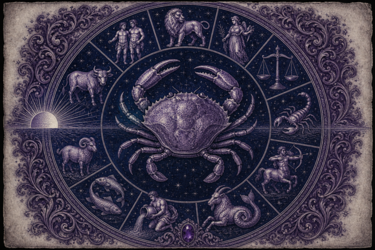 Rycina w fiolecie i granacie: duży krab w centrum, wokół niego koło z pozostałymi znakami zodiaku i wschodzące słońce na linii horyzontu