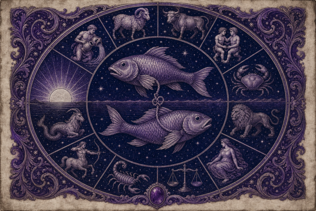 Rycina w fiolecie i granacie: ryby w centrum, wokół koło z pozostałymi znakami zodiaku i wschodzące słońce na linii horyzontu