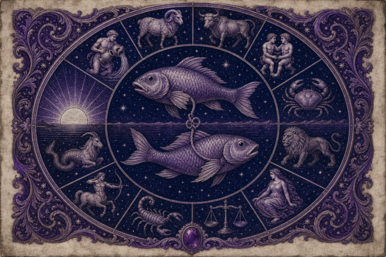 Rycina w fiolecie i granacie: ryby w centrum, wokół koło z pozostałymi znakami zodiaku i wschodzące słońce na linii horyzontu