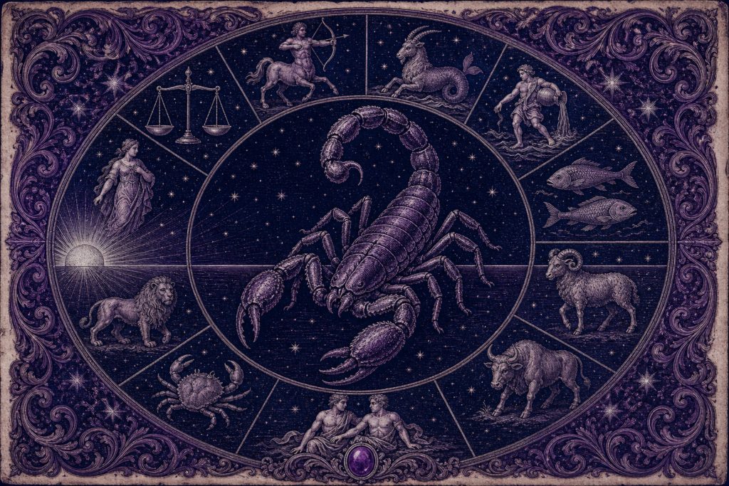 Rycina w fiolecie i granacie: skorpion w centrum, wokół koło z pozostałymi znakami zodiaku i wschodzące słońce na linii horyzontu