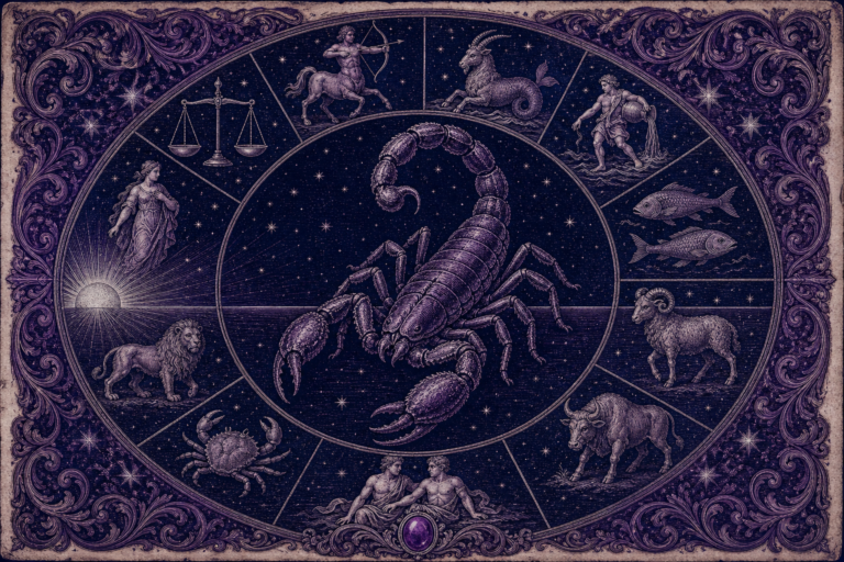 Rycina w fiolecie i granacie: skorpion w centrum, wokół koło z pozostałymi znakami zodiaku i wschodzące słońce na linii horyzontu