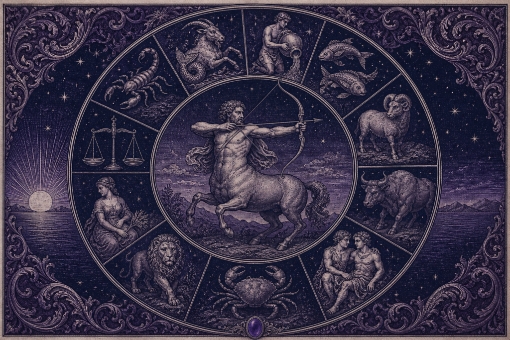 Rycina w fiolecie i granacie: strzelec w centrum, wokół koło z pozostałymi znakami zodiaku i wschodzące słońce na linii horyzontu