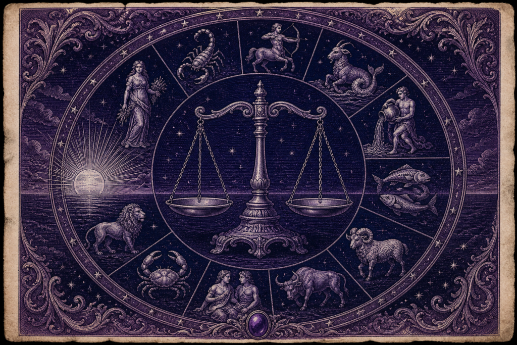 Rycina w fiolecie i granacie: waga w centrum, wokół koło z pozostałymi znakami zodiaku i wschodzące słońce na linii horyzontu