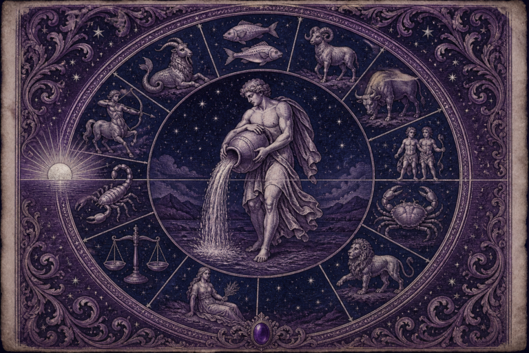 Rycina w fiolecie i granacie: wodnik w centrum, wokół koło z pozostałymi znakami zodiaku i wschodzące słońce na linii horyzontu