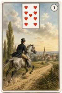 Karta Lenormand nr 1 Jeździec z miniaturą dziewiątki kier - ilustracja w stylu XIX-wiecznej litografii