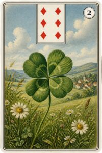 Karta Lenormand nr 2 Koniczyna z miniaturą szóstki karo - ilustracja w stylu XIX-wiecznej litografii