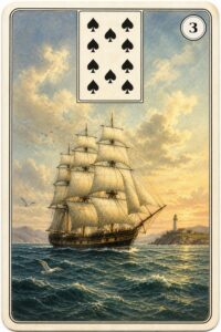 Karta Lenormand nr 3 Statek z miniaturą dziesiątki pik - ilustracja w stylu XIX-wiecznej litografii