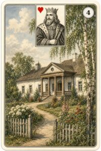 Karta Lenormand nr 4 Dom z miniaturą króla kier - ilustracja w stylu XIX-wiecznej litografii