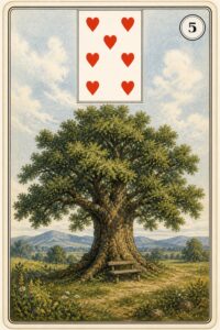 Karta Lenormand nr 5 Drzewo z miniaturą siódemki kier - ilustracja w stylu XIX-wiecznej litografii