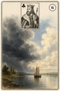 Karta Lenormand nr 6 Chmury z miniaturą króla trefl - ilustracja w stylu XIX-wiecznej litografii