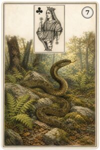 Karta Lenormand nr 7 Wąż z miniaturą damy trefl - ilustracja w stylu XIX-wiecznej litografii