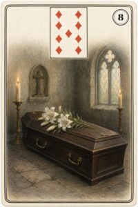 Karta Lenormand nr 8 Trumna z miniaturą dziewiątki karo - ilustracja w stylu XIX-wiecznej litografii