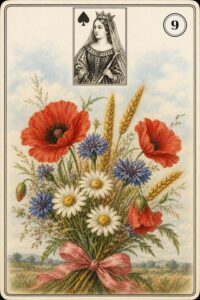 Karta Lenormand nr 9 Bukiet z miniaturą damy pik - ilustracja w stylu XIX-wiecznej litografii