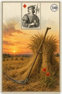 Karta Lenormand nr 10 Kosa z miniaturą waleta karo - ilustracja w stylu XIX-wiecznej litografii