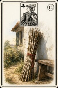 Karta Lenormand nr 11 Rózga z miniaturą waleta trefl - ilustracja w stylu XIX-wiecznej litografii