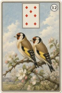 Karta Lenormand nr 12 Ptaki z miniaturą siódemki karo - ilustracja w stylu XIX-wiecznej litografii