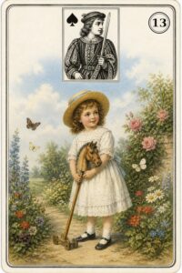 Karta Lenormand nr 13 Dziecko z miniaturą waleta pik - ilustracja w stylu XIX-wiecznej litografii