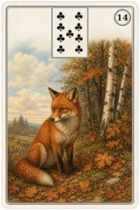 Karta Lenormand nr 14 Lis z miniaturą dziewiątki trefl - ilustracja w stylu XIX-wiecznej litografii