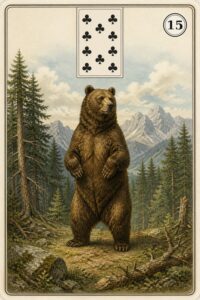 Karta Lenormand nr 15 Niedźwiedź z miniaturą dziesiątki trefl - ilustracja w stylu XIX-wiecznej litografii