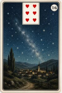 Karta Lenormand nr 16 Gwiazdy z miniaturą szóstki kier - ilustracja w stylu XIX-wiecznej litografii
