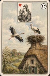 Karta Lenormand nr 17 Bocian z miniaturą damy kier - ilustracja w stylu XIX-wiecznej litografii