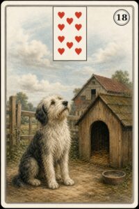 Karta Lenormand nr 18 Pies z miniaturą dziesiątki kier - ilustracja w stylu XIX-wiecznej litografii