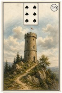 Karta Lenormand nr 19 Wieża z miniaturą szóstki pik - ilustracja w stylu XIX-wiecznej litografii