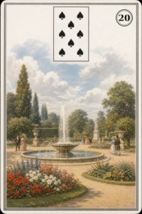 Karta Lenormand nr 20 Ogród z miniaturą ósemki pik - ilustracja w stylu XIX-wiecznej litografii