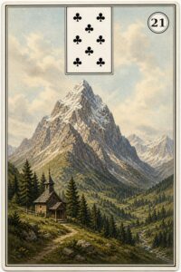 Karta Lenormand nr 21 Góra z miniaturą ósemki trefl - ilustracja w stylu XIX-wiecznej litografii