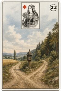 Karta Lenormand nr 22 Rozstaje z miniaturą damy karo - ilustracja w stylu XIX-wiecznej litografii