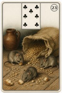 Karta Lenormand nr 23 Myszy z miniaturą siódemki trefl - ilustracja w stylu XIX-wiecznej litografii