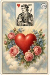 Karta Lenormand nr 24 Serce z miniaturą waleta kier - ilustracja w stylu XIX-wiecznej litografii