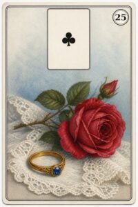 Karta Lenormand nr 25 Pierścień z miniaturą asa trefl - ilustracja w stylu XIX-wiecznej litografii