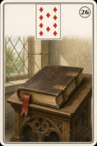Karta Lenormand nr 26 Księga z miniaturą dziesiątki karo - ilustracja w stylu XIX-wiecznej litografii