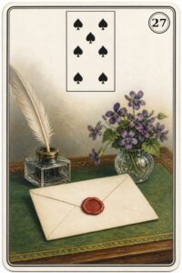 Karta Lenormand nr 27 List z miniaturą siódemki pik - ilustracja w stylu XIX-wiecznej litografii