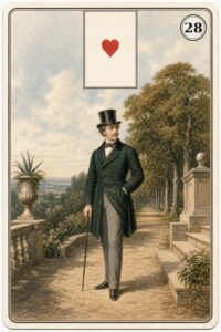 Karta Lenormand nr 28 Mężczyzna z miniaturą asa kier - ilustracja w stylu XIX-wiecznej litografii