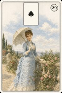 Karta Lenormand nr 29 Kobieta z miniaturą asa pik - ilustracja w stylu XIX-wiecznej litografii
